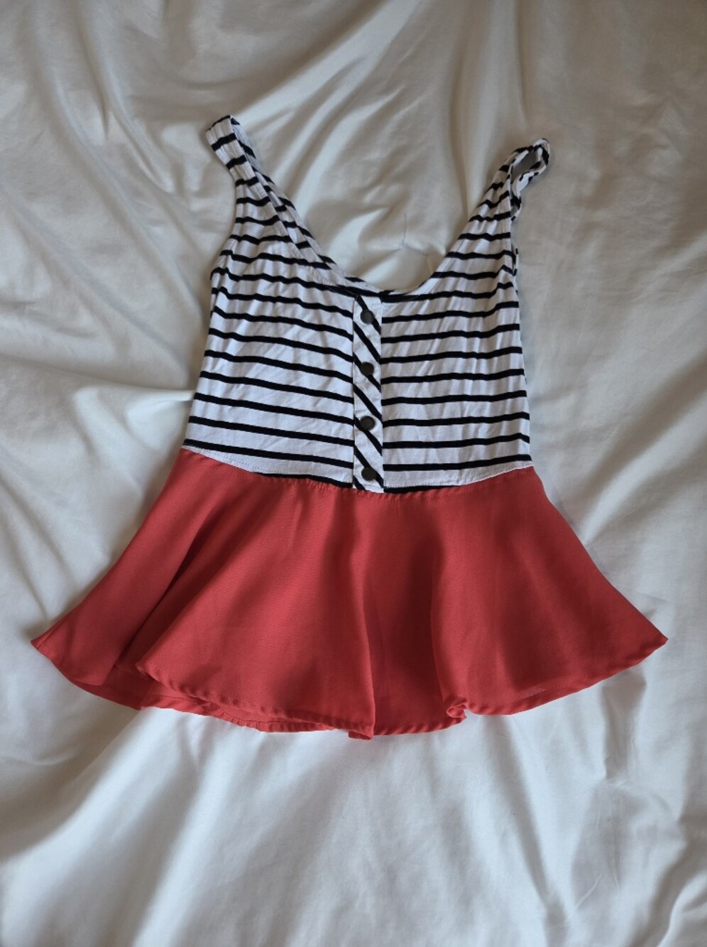 Striped Black & White Top with Red Peplum Skirt